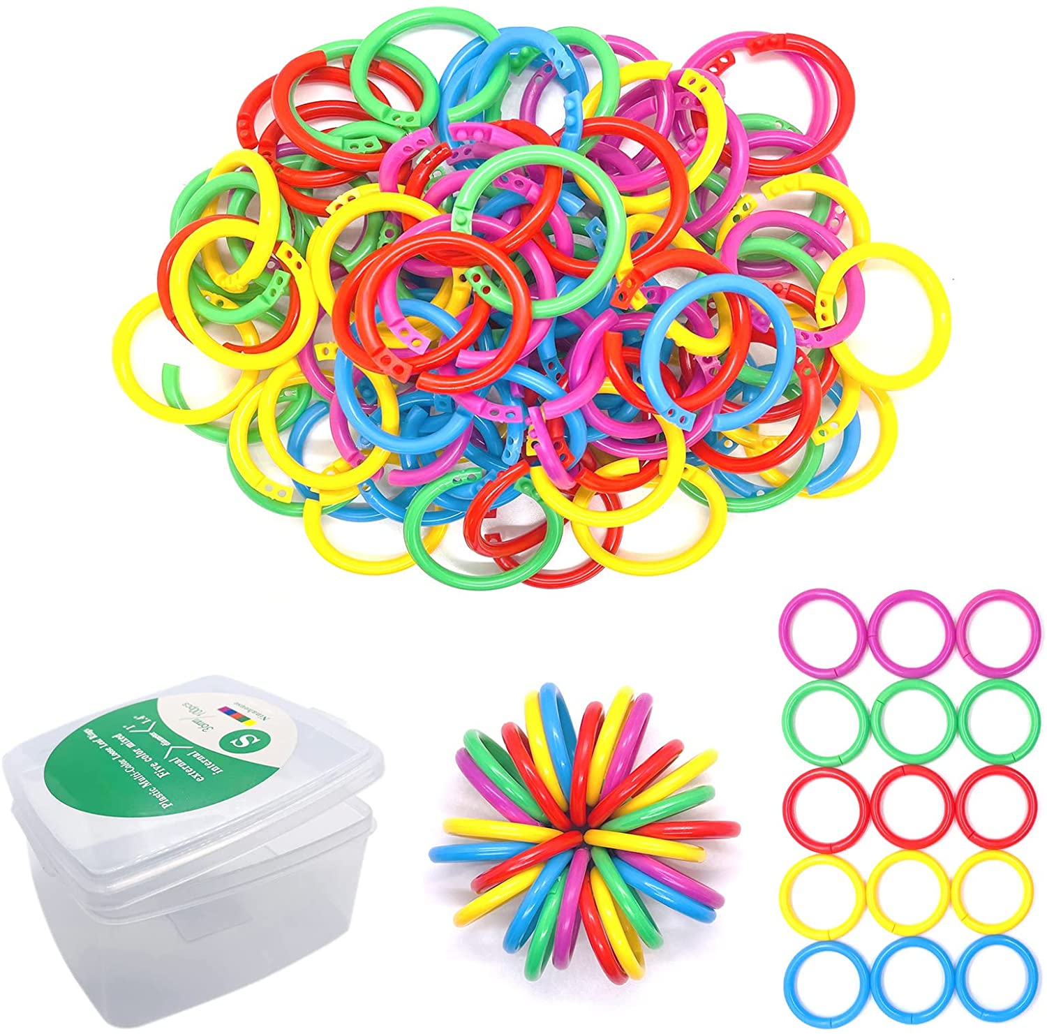 Ninahouse Box Packed Plastic Loose- Leaf Rings Multi-Color Binder Rings .Flexible Plastic Book Rings for Scrapbook Notebook Keychain (Packed 100piece/5colors)